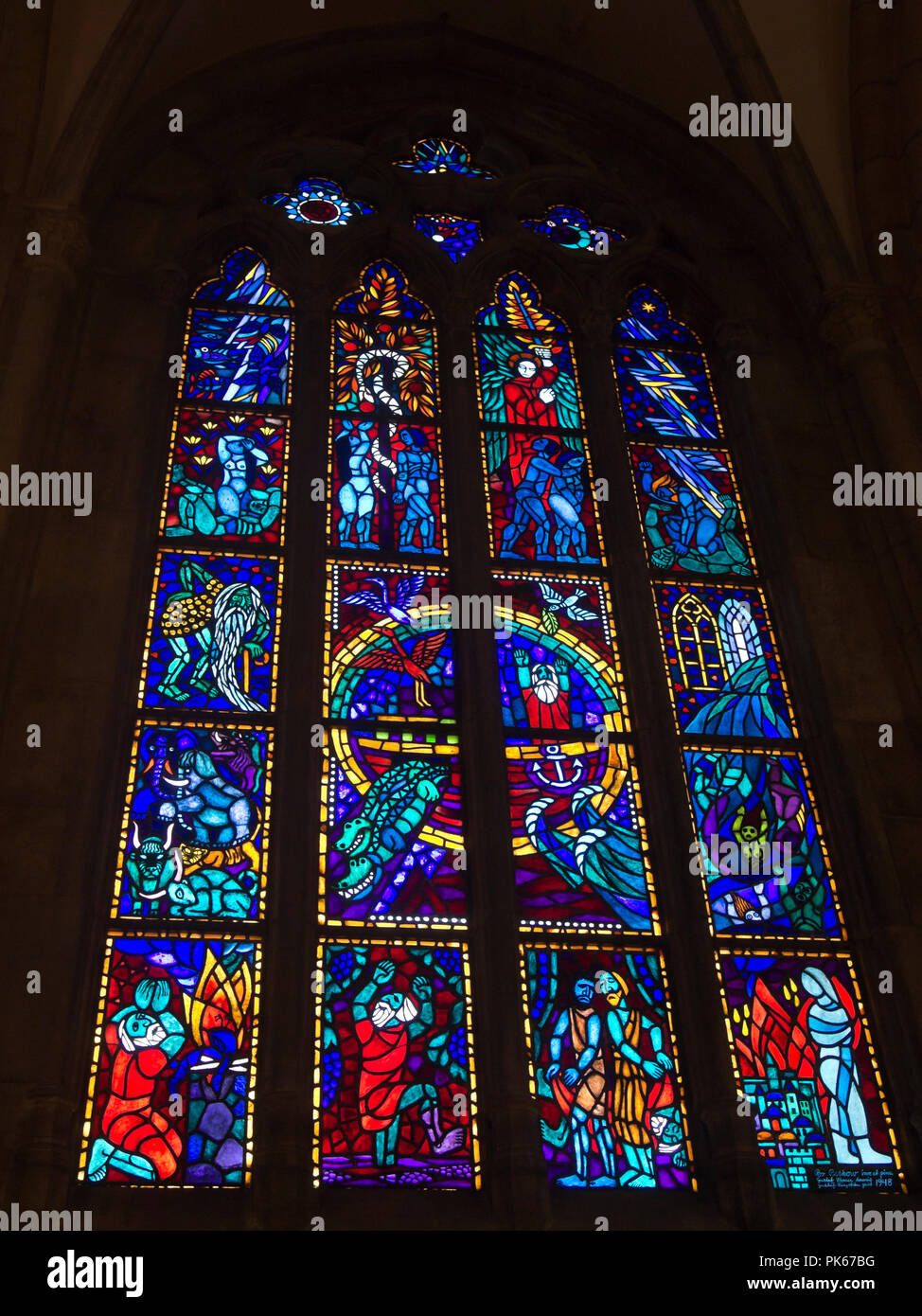 Skara Cathedral in 13th century Gothic style is a bishops seat in the Swedish town of Skara, post WWII stained glass window by artist Bo Beskow Stock Photo