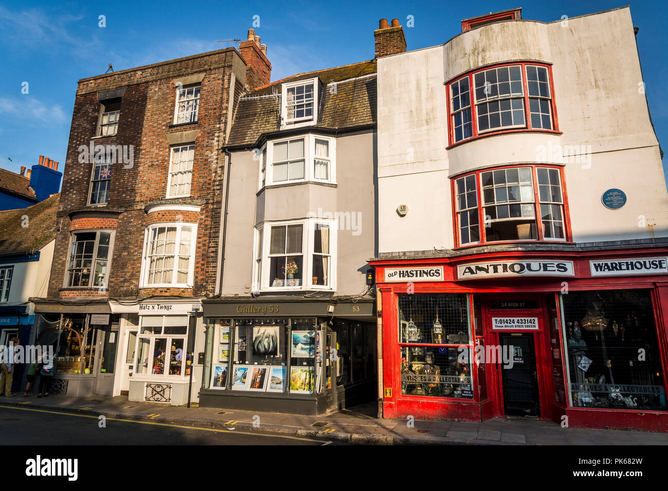 High Street with antique shops and galleries, Hastings Old Town, East Sussex, England, UK Stock