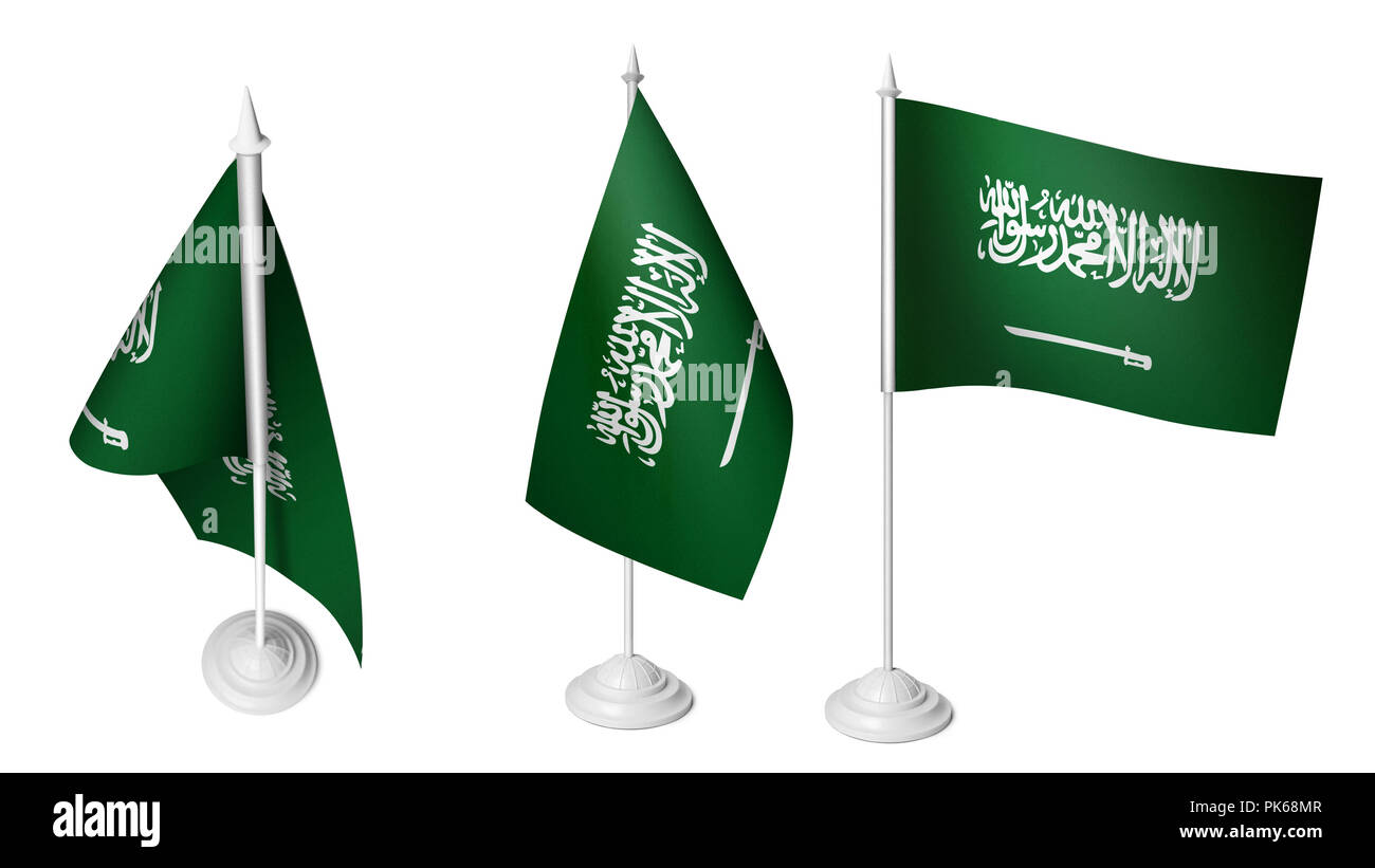 3 isolated Saudi Arabia Desk Flag, 3D rendered Saudi Arabia Small Flags Stock Photo