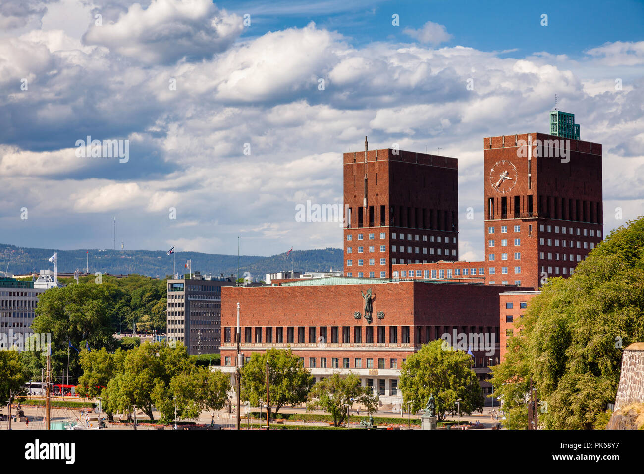 The Oslo City Hall (Radhus), a municipal building and major landmark in Central Oslo, Norway, Scandinavia, as viewed from the Akershus Castle and Fort Stock Photo