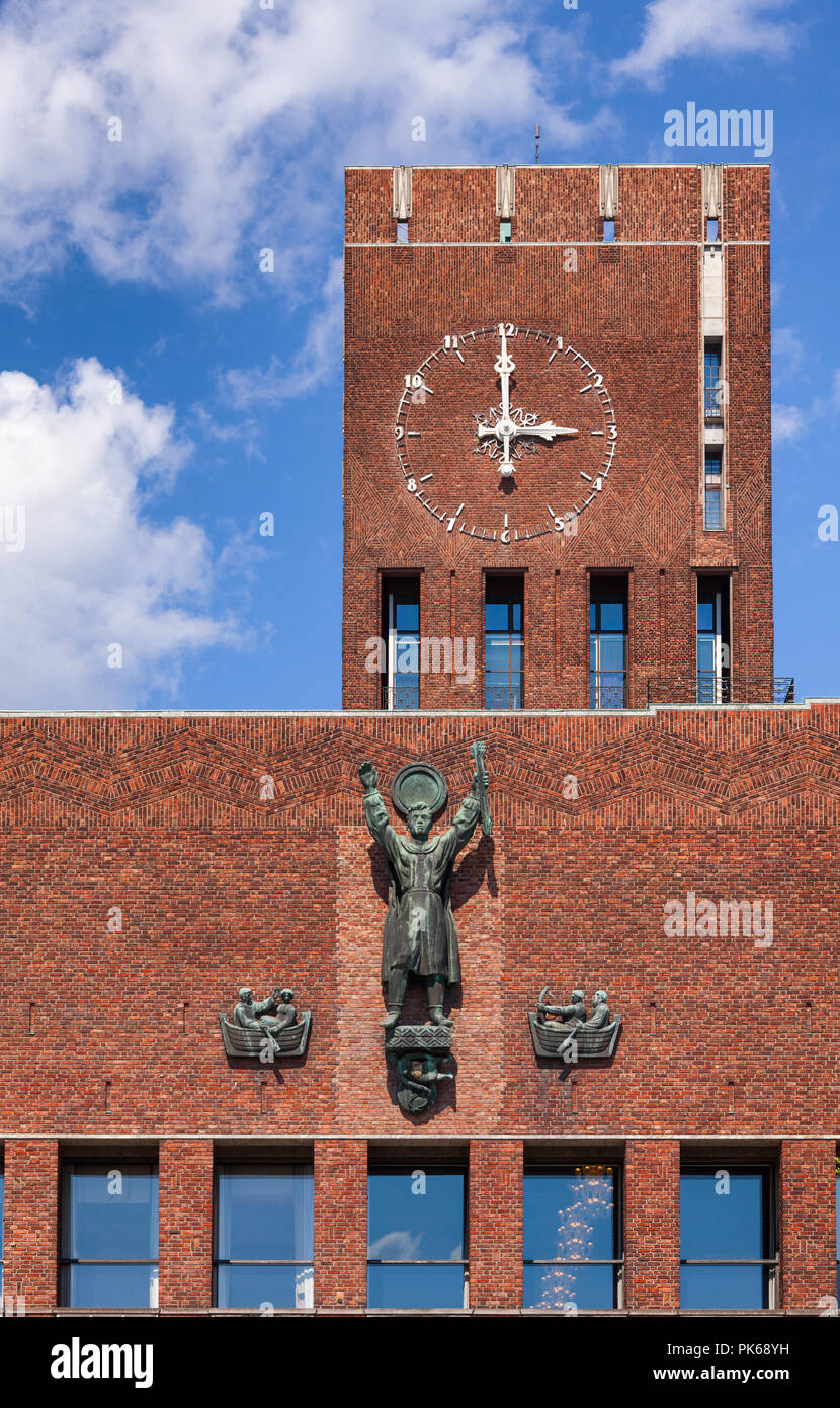 Facade detail of the Oslo City Hall (Radhus), a municipal building and major landmark in Central Oslo, Norway, Scandinavia, known as a venue for the N Stock Photo