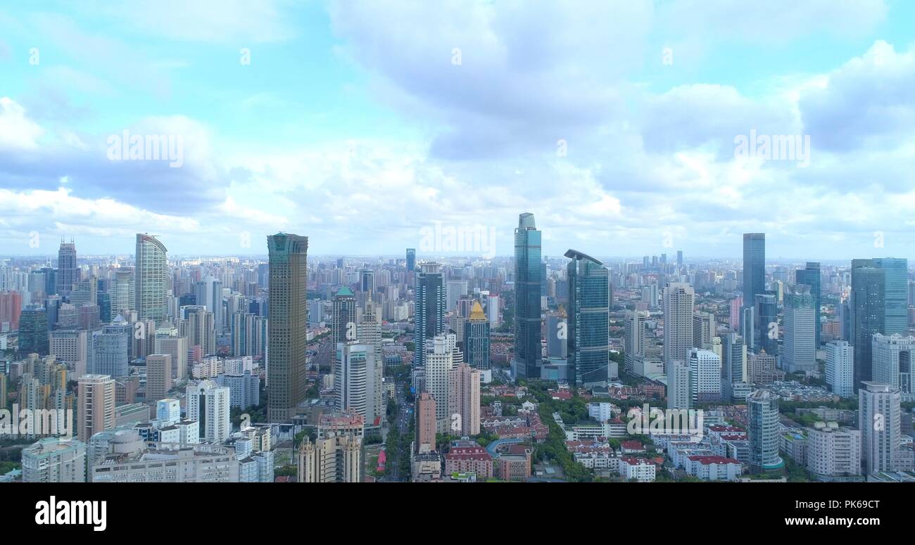 Aerial view on Shanghai residential area close to West Nanjing Road, a densely populated area dominated by high-drrise buildings. 08.19.2018. Shanghai Stock Photo