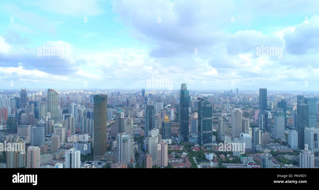 Aerial view on Shanghai residential area close to West Nanjing Road, a densely populated area dominated by high-drrise buildings. 08.19.2018. Shanghai Stock Photo