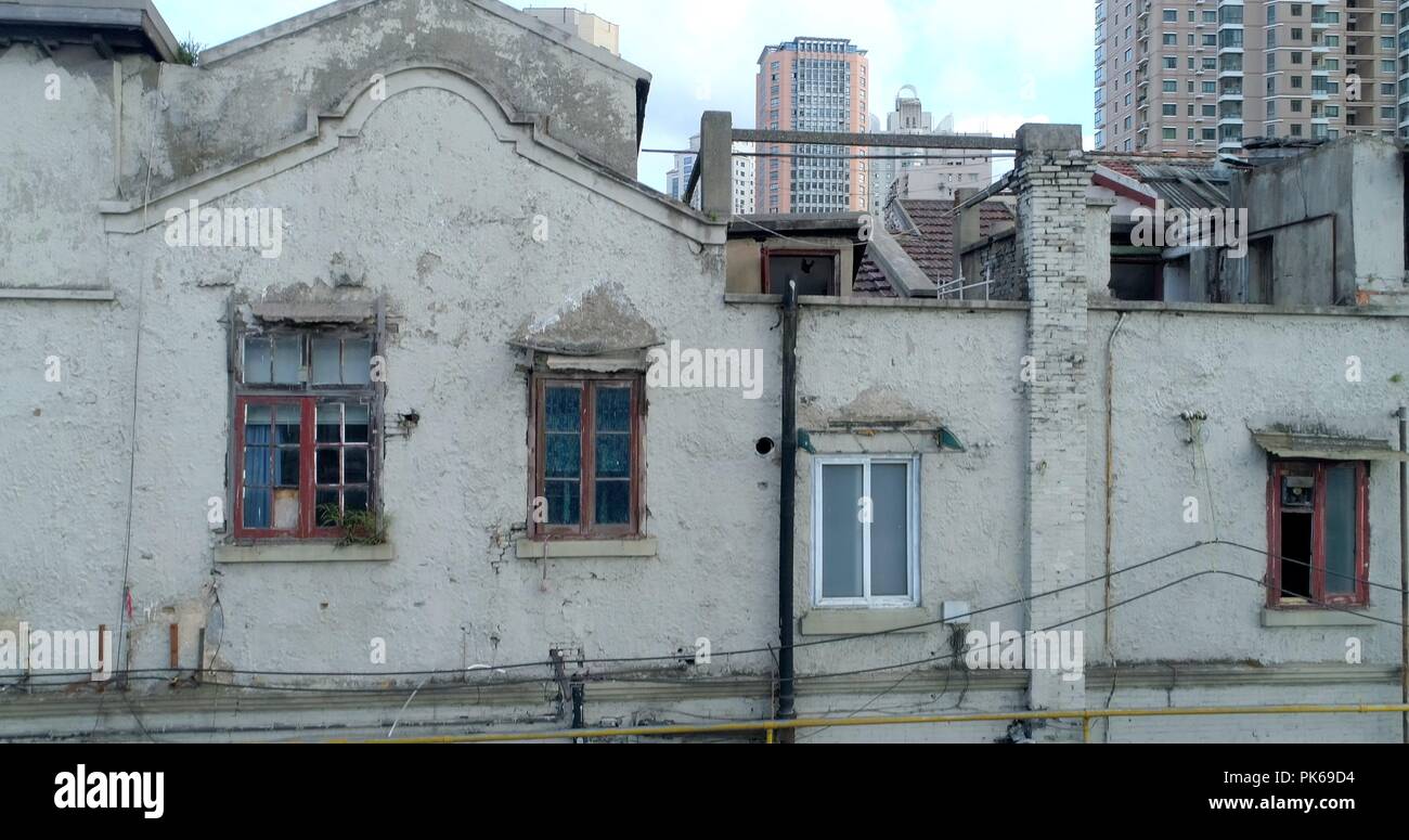 One of the very few remaining old Shanghai style residential areas shortly before its demolition. 08.19.2018. Shanghai, China. Stock Photo