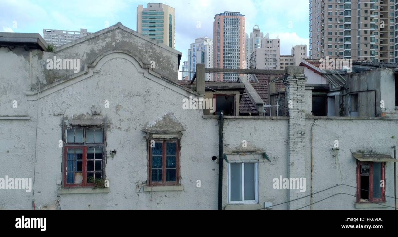 One of the very few remaining old Shanghai style residential areas shortly before its demolition. 08.19.2018. Shanghai, China. Stock Photo