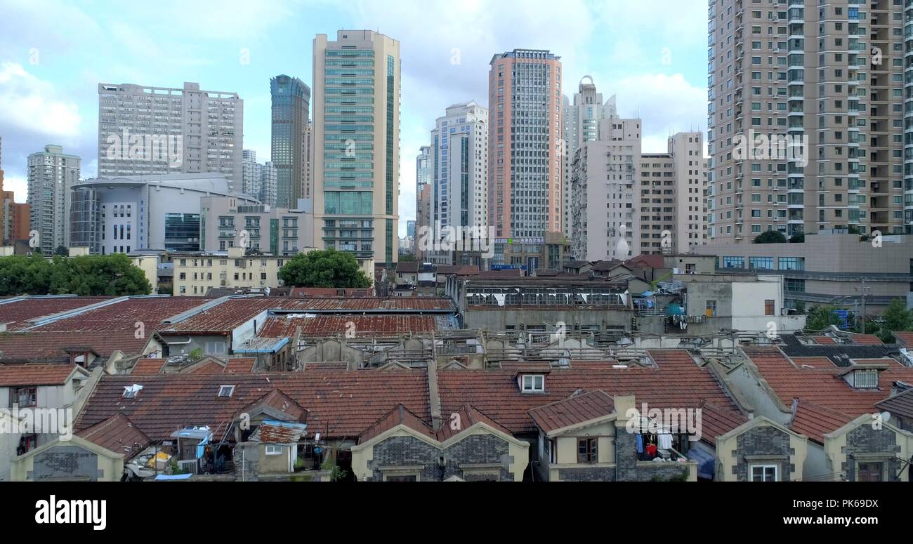 One of the very few remaining old Shanghai style residential areas shortly before its demolition. 08.19.2018. Shanghai, China. Stock Photo