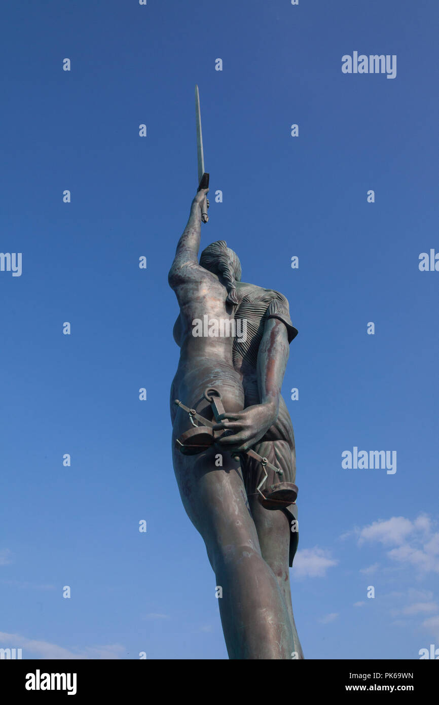 Verity statue by Damian Hirst, harbour, North Devon, England, United Kingdom Stock