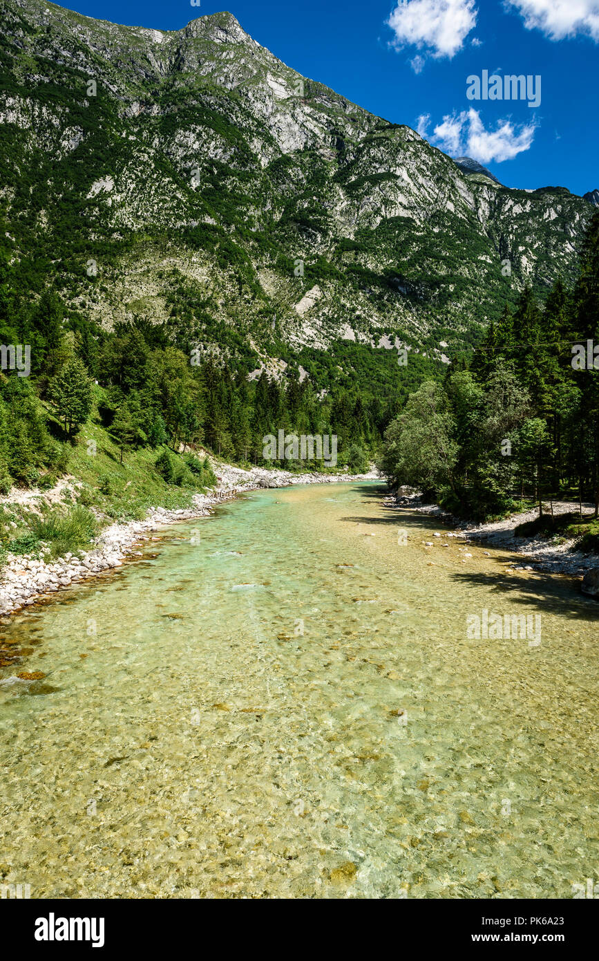 Idyllic mountain river in Lepena valley, Soca - Bovec Slovenia. Beautiful vivid turquoise river stream rapids of river Lepenca. Beautiful landscape sc Stock Photo