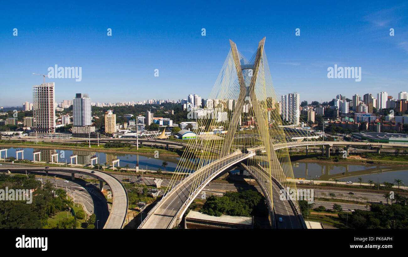 Linking two different points. Modern architecture. Modern bridges. Cablestayed bridge in the