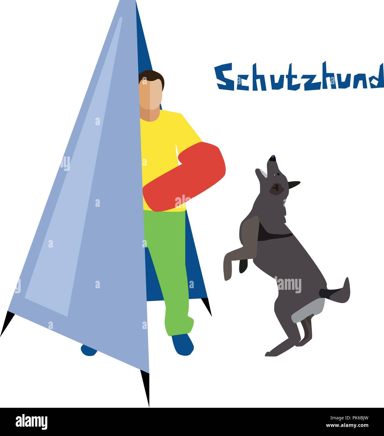 Dog sport flat vector illustration. Man hides behind the Schutzhund blind. Working dog training process. Stock Vector