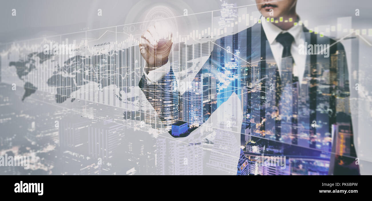Double exposure of a businessman working and cityscape on whit ...