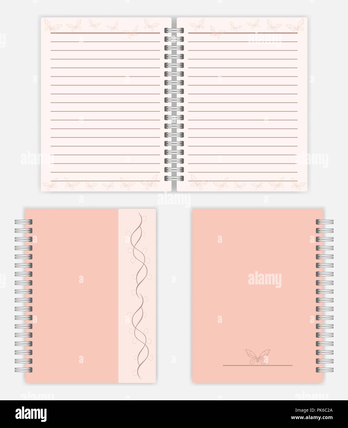 Women notebook design: spread, front and back cover. Spiral bound ladies notepad mockup. Silver metal spring diary with lined pages, vector mock-up Stock Vector