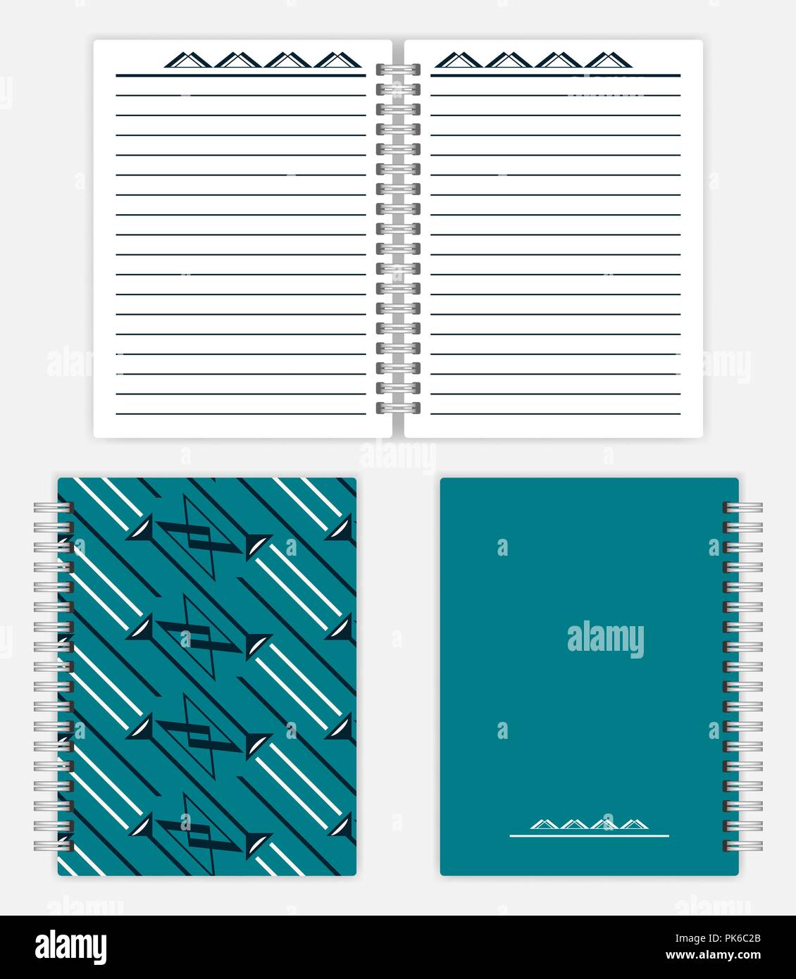 Notebook design: spread, front and back cover. Spiral bound notepad mockup. Silver metal spring diary with lined pages, vector mock-up Stock Vector