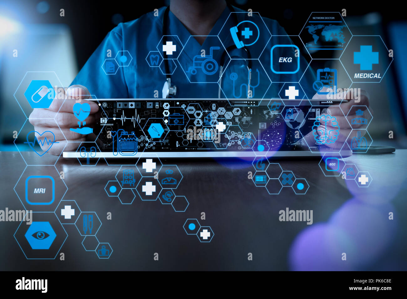 Health care and medical technology services concept with flat line AR ...
