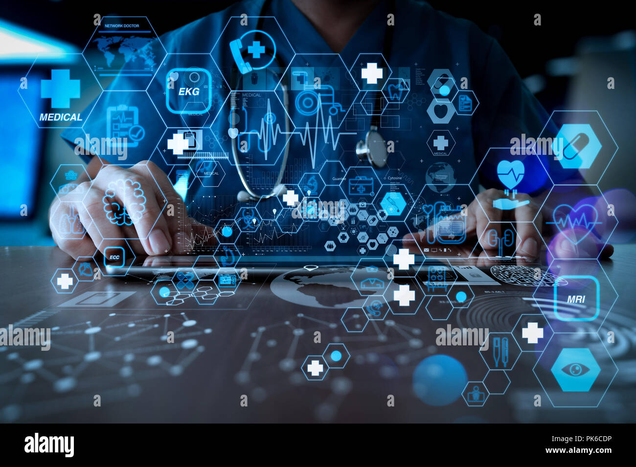 Health care and medical technology services concept with flat line AR ...