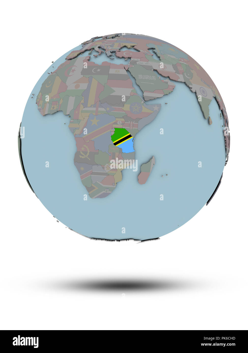 Tanzania with national flag on political globe with shadow isolated on ...