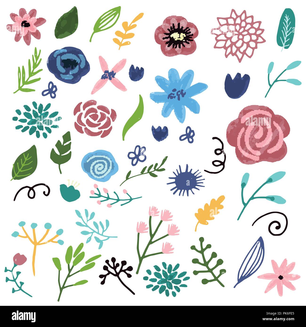 Flower graphic design. Vector set of floral elements with hand drawn ...