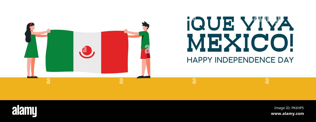 Happy Mexico Independence Day web banner illustration. Traditional national celebration design with boy and girl holding mexican country flag for sept Stock Vector