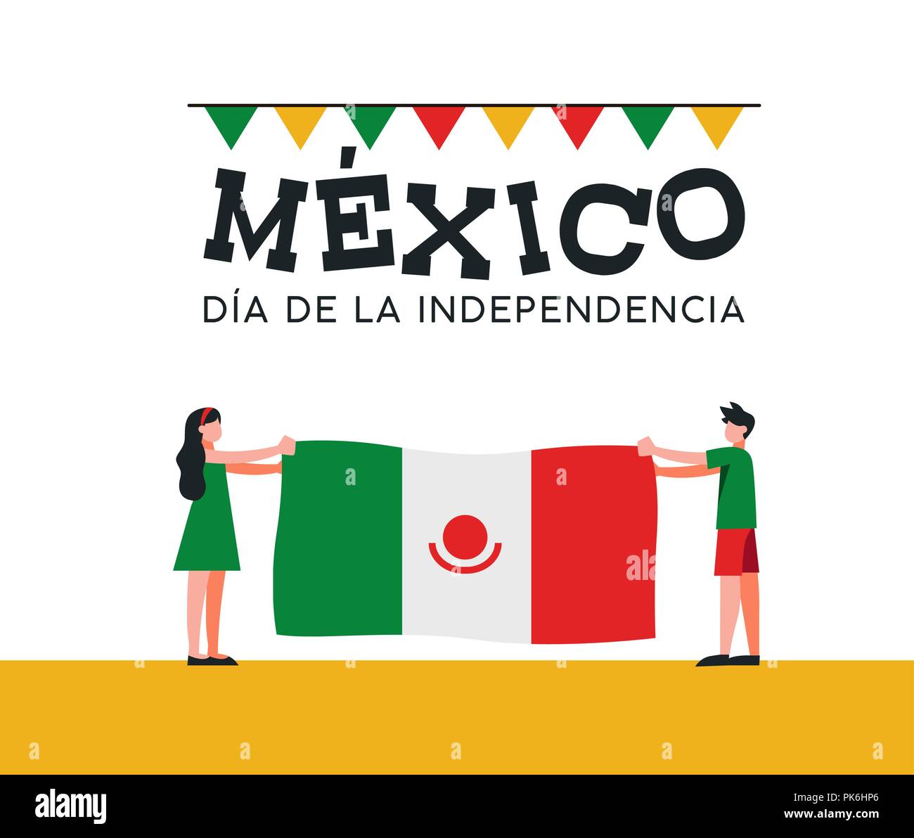 Happy Mexico Independence Day illustration in spanish language. Traditional national celebration design with boy and girl holding mexican country flag Stock Vector