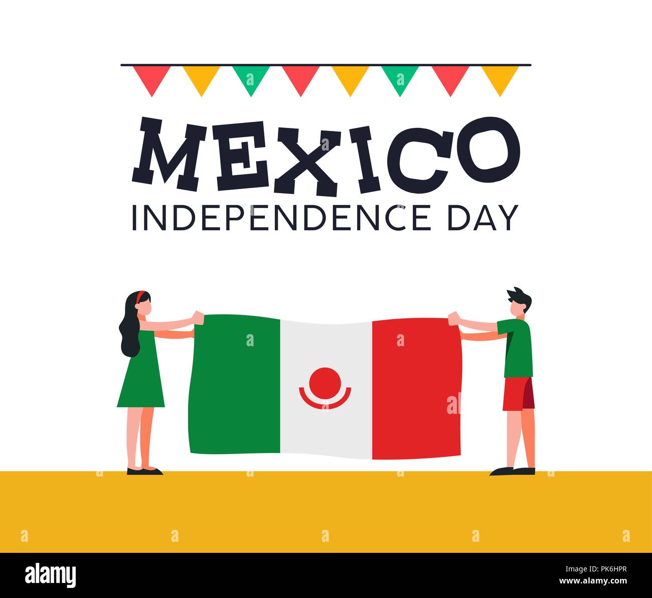 Happy Mexico Independence Day illustration. Traditional national celebration design with boy and girl holding mexican country flag for september holid Stock Vector