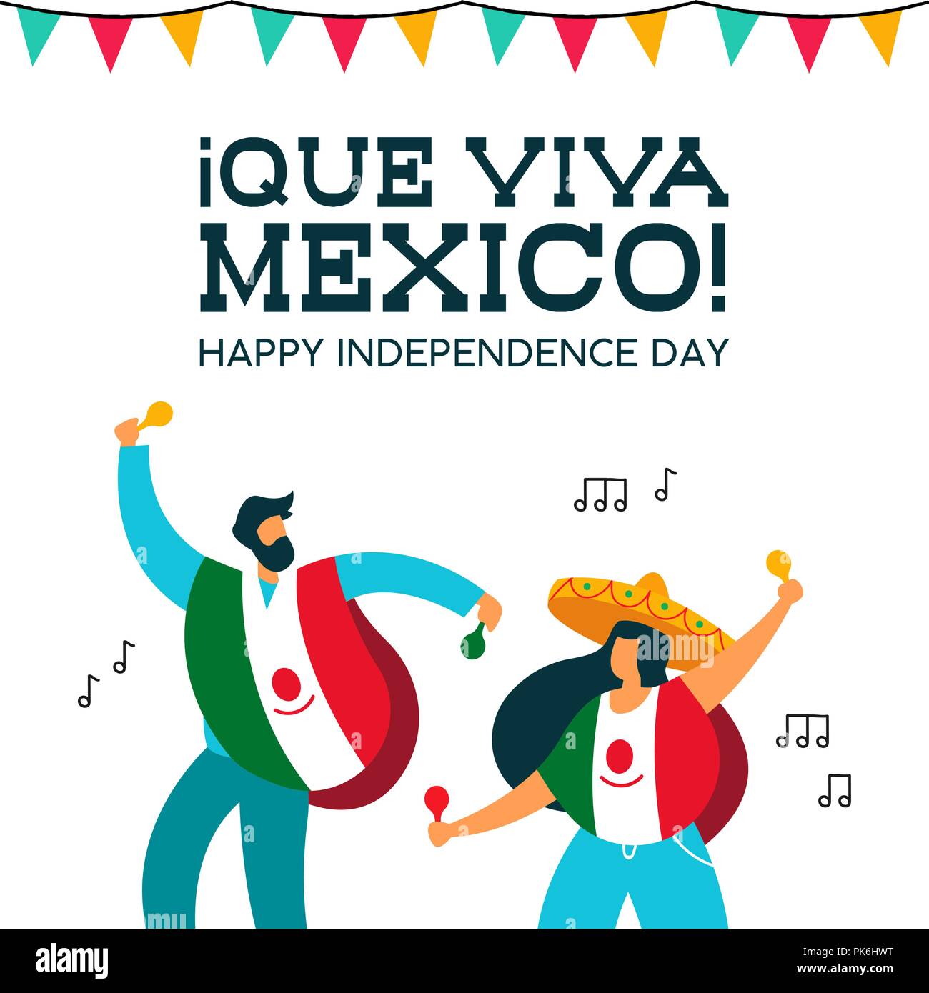 Mexico Independence day illustration. Fun mexican friends at party with typical hat poncho and maracas for september 16 national event celebration. EP Stock Vector