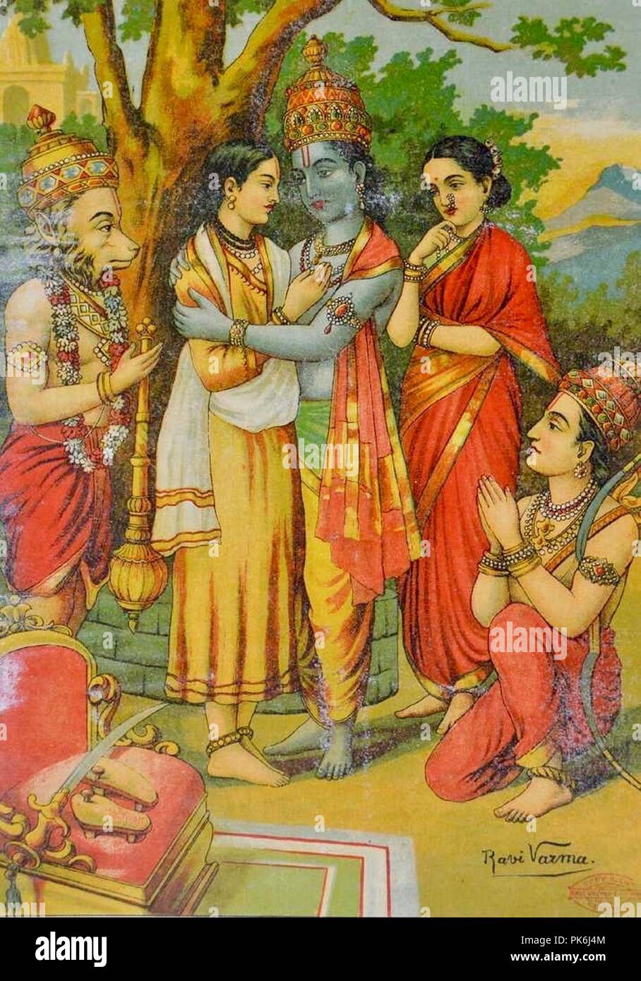 Bharata welcoming Rama, Sita, Lakshmana and Hanuman to Ayodhya by Raja Ravi Varma. Stock Photo