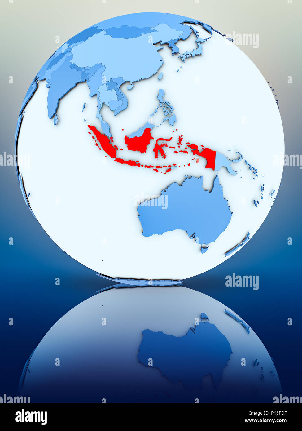 Indonesia on blue globe on reflective surface. 3D illustration. Stock Photo