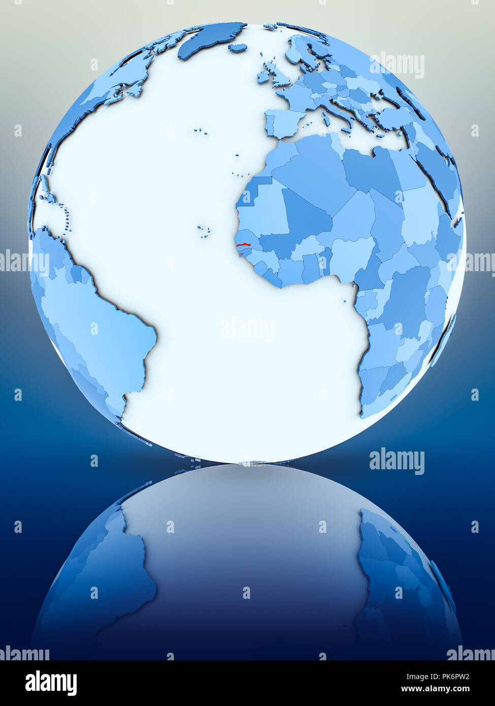 Gambia on blue globe on reflective surface. 3D illustration Stock Photo ...