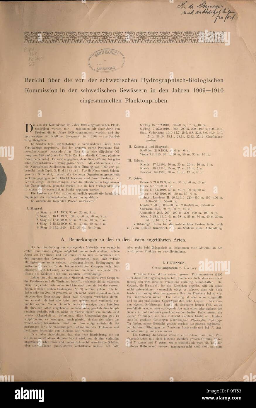 Bericht über die von den schwedischen Hydrographisch-Biologischen Kommission in den schwedischen Gewässern in den Jahren 1909-1910 eingesammelten Planktonproben (Page 1) Stock Photo
