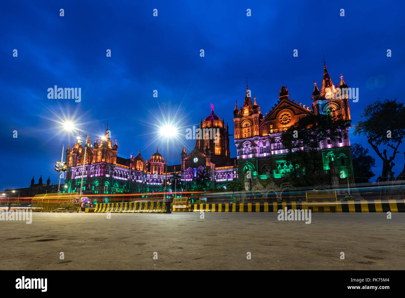 The iconic CST train station in Mumbai well lit on 15 august, the Independence day of India Stock Photo