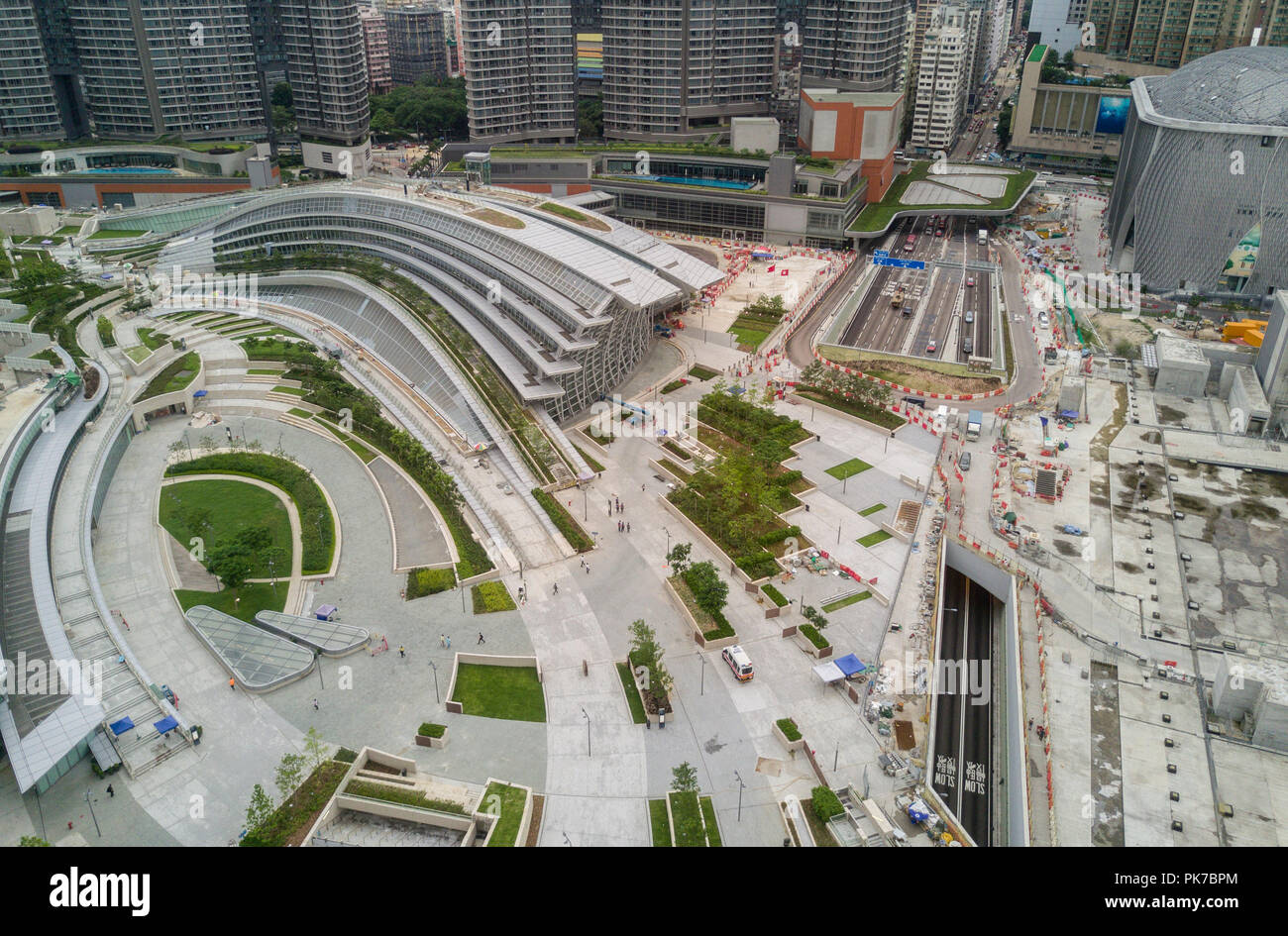 Aerial view of the Kowloon West Railway Terminus. The High Speed Rail link will start service on September 23, 2018 and connect Hong Kong West Kowloon Station to 44 stations in Mainland linking it to China's 25,000km national high speed rail network. Stock Photo