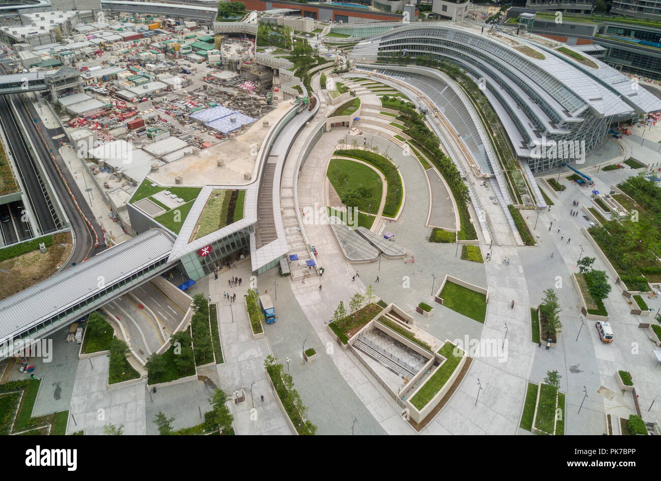 Aerial view of the Kowloon West Railway Terminus. The High Speed Rail link will start service on September 23, 2018 and connect Hong Kong West Kowloon Station to 44 stations in Mainland linking it to China's 25,000km national high speed rail network. Stock Photo