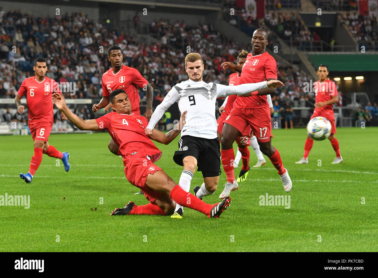 Timo WERNER (GER), action, duels versus Anderson SANTAMARIA (PER). Soccer Laenderspiel, Germany (GER) -Peru (PER) 2-1 on 09/09/2018 in Sinsheim/Wirsol Rhein-Neckar-Arena. DFB REGULATIONS PROHIBIT ANY USE OF PHOTOGRAPH AS IMAGE SEQUENCES AND/OR QUASI VIDEO. | usage worldwide Stock Photo