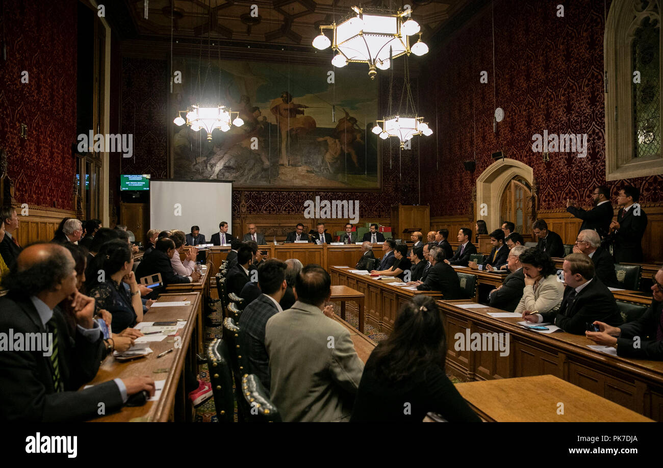 London, UK. 10th Sep, 2018. Photo taken on Sept. 10, 2018 shows the launching ceremony of the All-Party Parliamentary Group (APPG) for the Belt and Road Initiative (BRI) and China-Pakistan Economic Corridor (CPEC) held in London, Britain. Chinese Ambassador to Britain Liu Xiaoming said on Monday that he hopes the newly launched UK parliament group for the Belt and Road Initiative will serve as a bridge of communication and bring in more British public support for and participation in the initiative. Credit: Han Yan/Xinhua/Alamy Live News Stock Photo