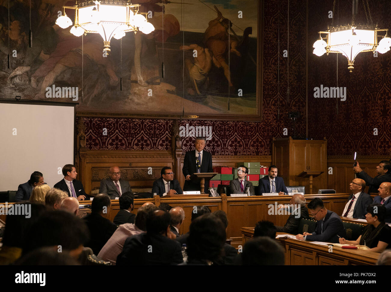 (180911) -- LONDON, Sept. 11, 2018 (Xinhua) -- Chinese Ambassador to Britain Liu Xiaoming (C) delivers a keynote speech during the launching ceremony of the All-Party Parliamentary Group (APPG) for the Belt and Road Initiative (BRI) and China-Pakistan Economic Corridor (CPEC), in London, Britain on Sept. 10, 2018. Stock Photo