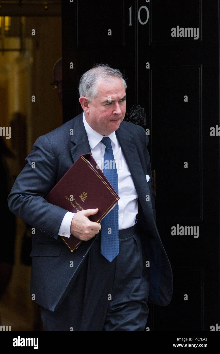 London, UK. 11th September, 2018. Geoffrey Cox QC MP, Attorney General, leaves 10 Downing Street following a Cabinet meeting. Credit: Mark Kerrison/Alamy Live News Stock Photo