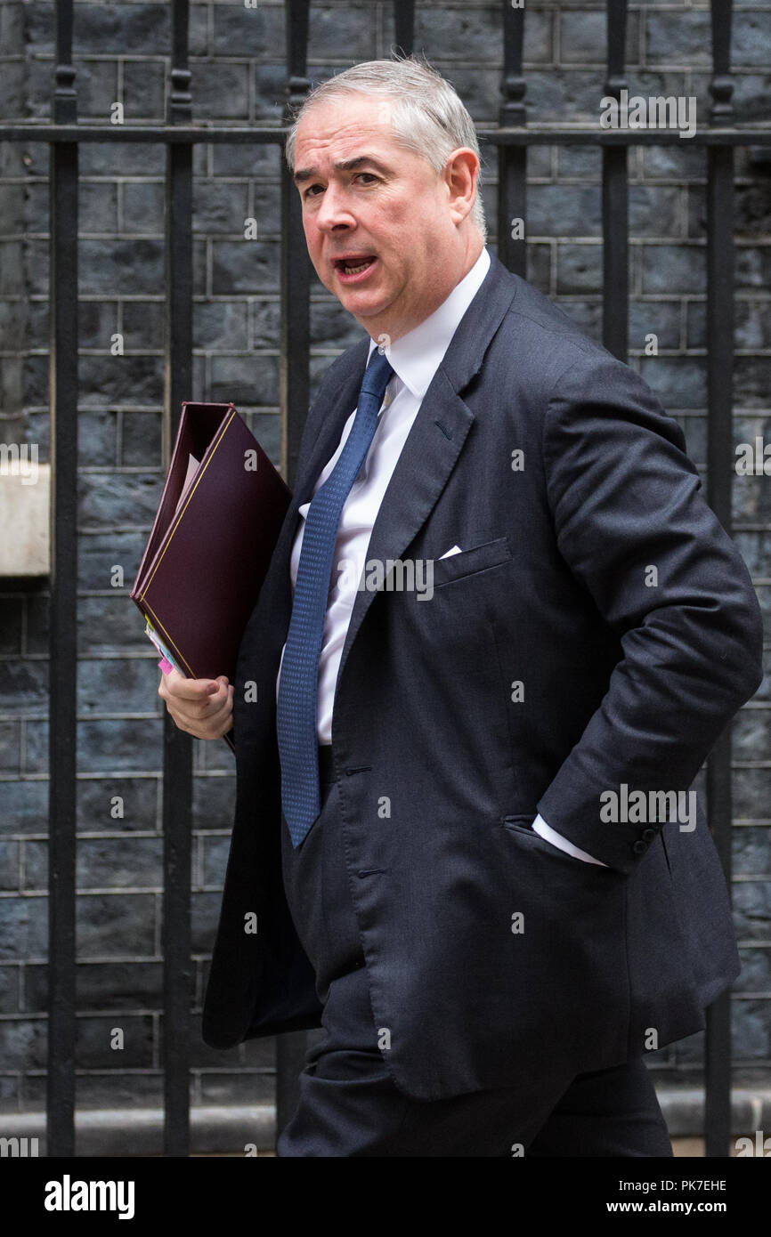 London, UK. 11th September, 2018. Geoffrey Cox QC MP, Attorney General, arrives at 10 Downing Street for a Cabinet meeting. Credit: Mark Kerrison/Alamy Live News Stock Photo