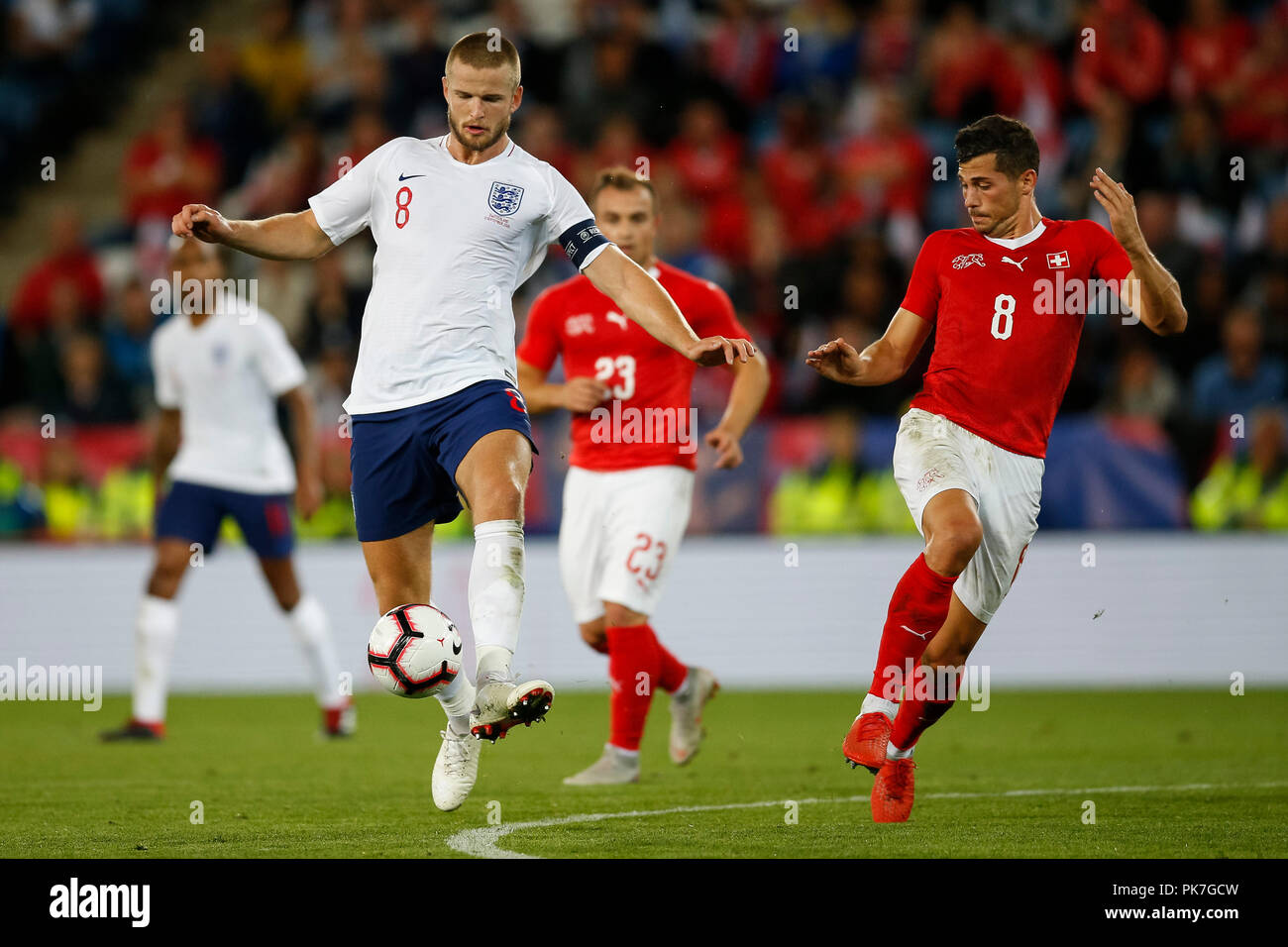 Leicester, UK. 11th September 2018. Eric Dier of England and Remo Freuler of Switzerland during the International Friendly match between England and Switzerland at King Power Stadium on September 11th 2018 in Leicester, England. Credit: PHC Images/Alamy Live News Stock Photo