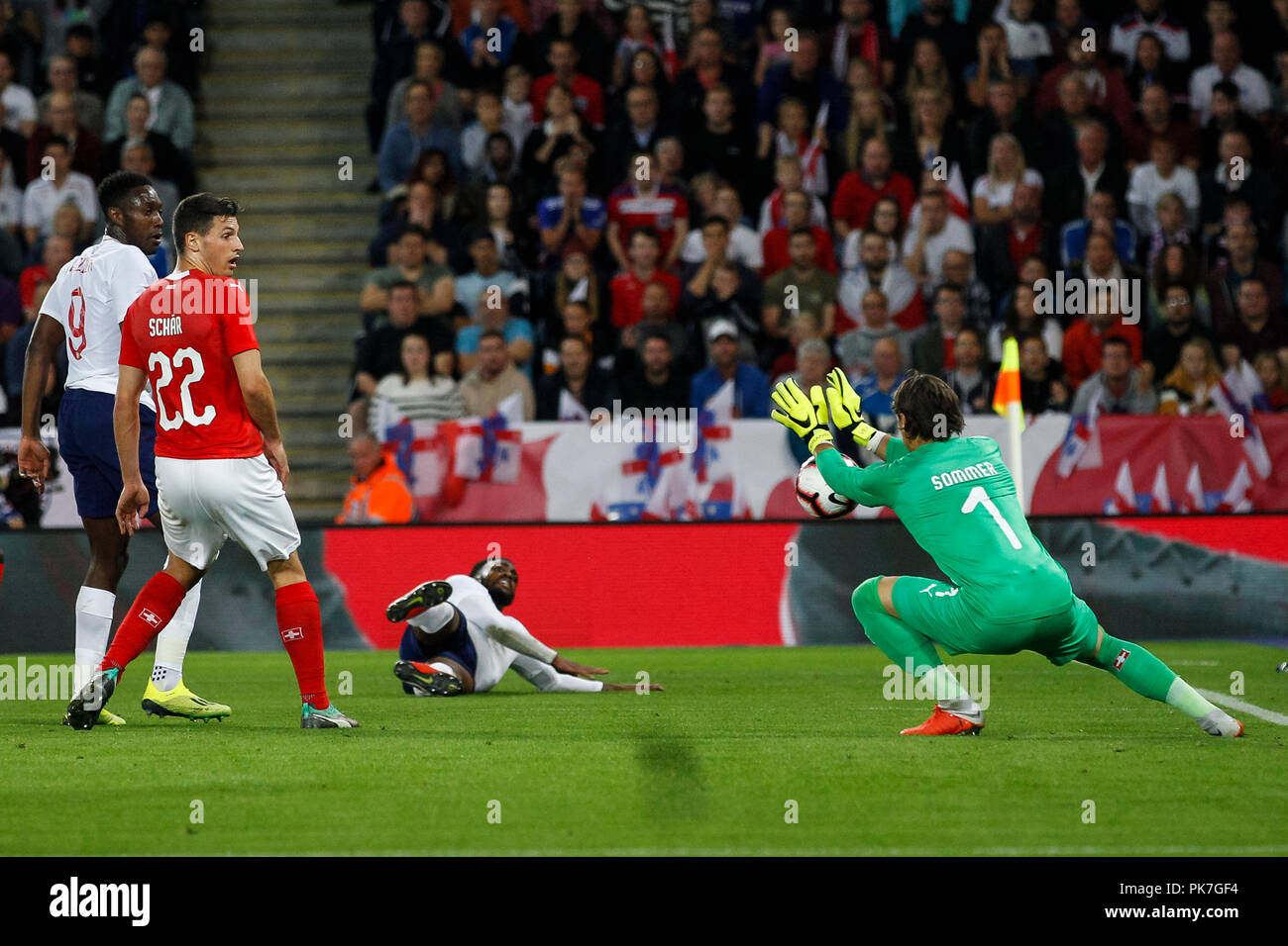 Leicester, UK. 11th September 2018. Yann Sommer of Switzerland saves from Danny Rose of England during the International Friendly match between England and Switzerland at King Power Stadium on September 11th 2018 in Leicester, England. Credit: PHC Images/Alamy Live News Stock Photo