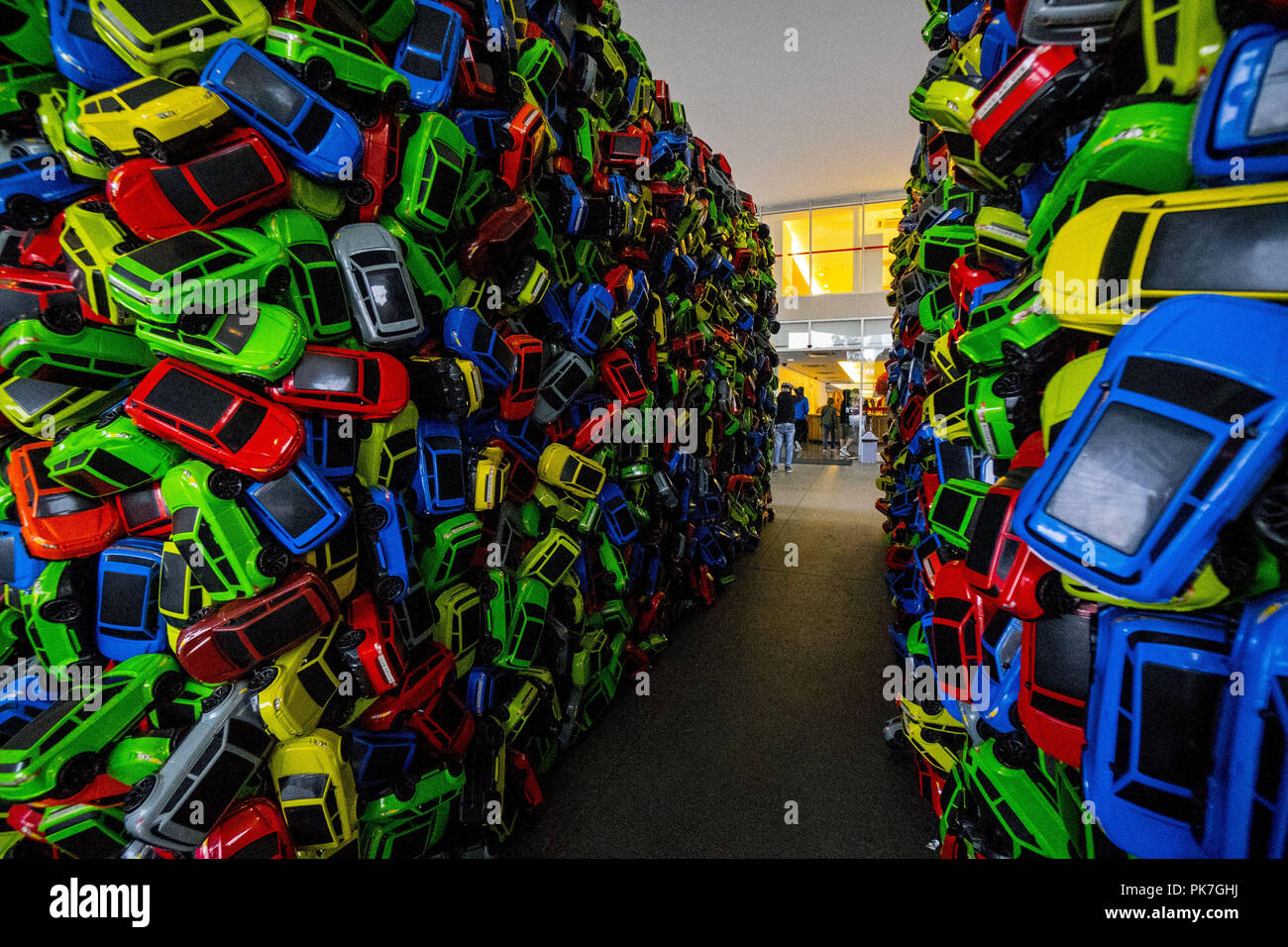September 11, 2018 - SÃ£O Paulo, SÃ£o Paulo, Brazil - SAO PAULO SP, SP 09/09/2018 CAOS: The installation ''Caos'', by artist Eduardo Srur is seen in the outside area of the Mac Usp on the afternoon of this Tuesday (11) in SÃ£o Paulo. The work was built with 4 thousand toy carts and brings a reflection on the feeling of claustrophobia caused by traffic. (Credit Image: © Cris Faga/ZUMA Wire) Stock Photo
