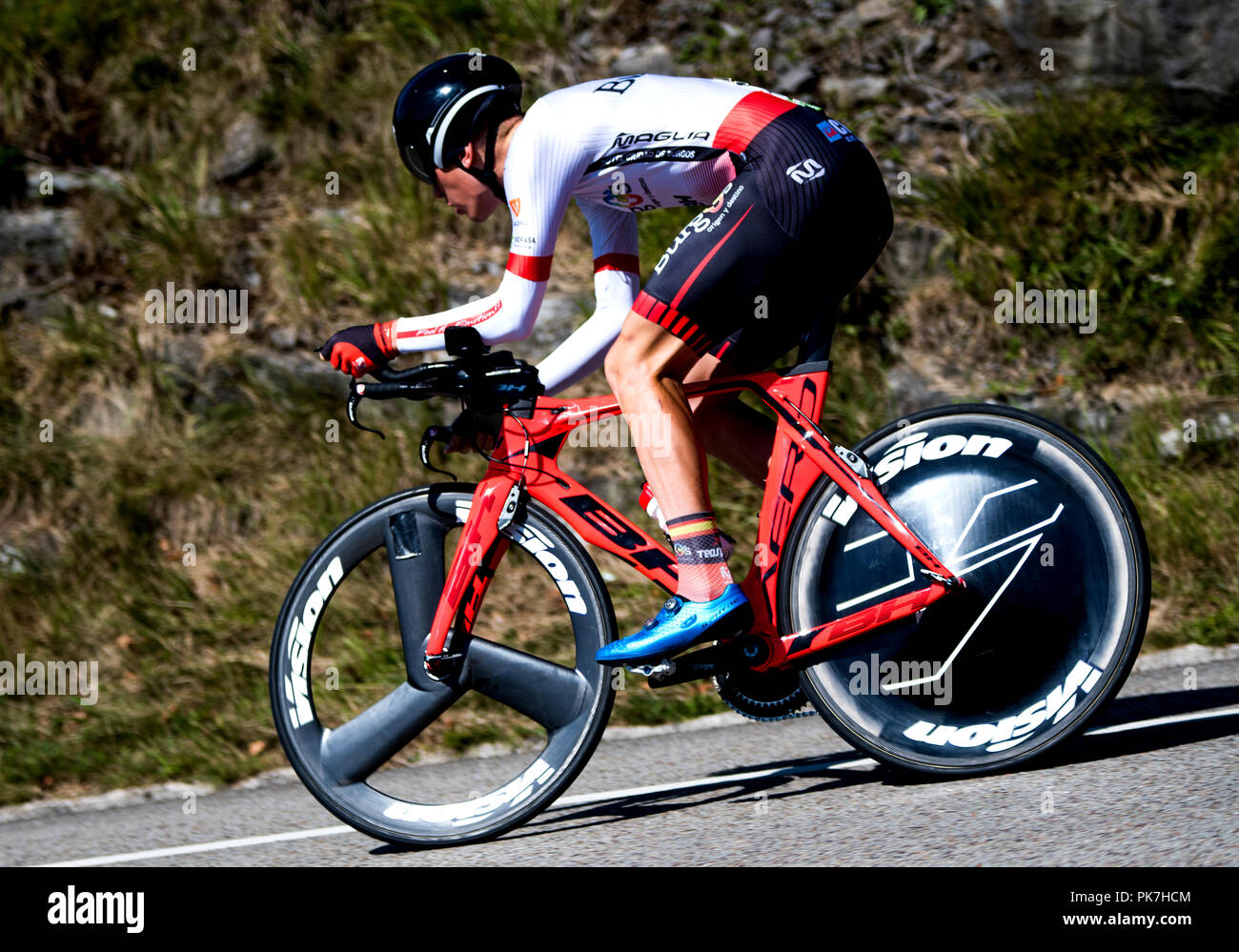 Cabezon de la Sal, Spain. 11th September, 2018. Jetse Bol (Burgos BH) rides  during time trial of 16th stage of Spanish cycling race 'Vuelta a Espana'  between Cabezon de la Sal and