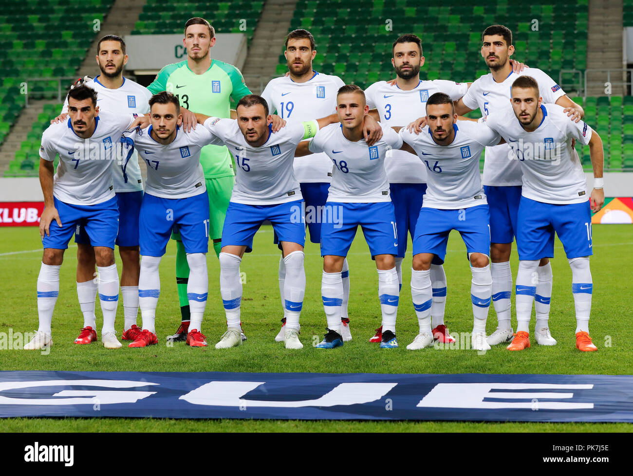 BUDAPEST, HUNGARY - SEPTEMBER 11: The team of Greece (upper row (l-r): Kostas Manolas, Vassilis Barkas, Sokratis Papastathopoulos, Giorgos Tzavellas, Andreas Bouchalakis; bottom row (l-r): Lazaros Christodoulopoulos, Anastasios Donis, Vasilis Torosidis, Dimitris Pelkas, Dimitris Kourbelis, Kostas Fortounis) during the UEFA Nations League group stage match between Hungary and Greece at Groupama Arena on September 11, 2018 in Budapest, Hungary. Credit: Laszlo Szirtesi/Alamy Live News Stock Photo