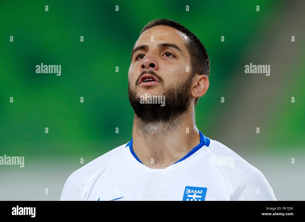 BUDAPEST, HUNGARY - SEPTEMBER 11: Kostas Manolas of Greece sings the anthem prior to the UEFA Nations League group stage match between Hungary and Greece at Groupama Arena on September 11, 2018 in Budapest, Hungary. Credit: Laszlo Szirtesi/Alamy Live News Stock Photo