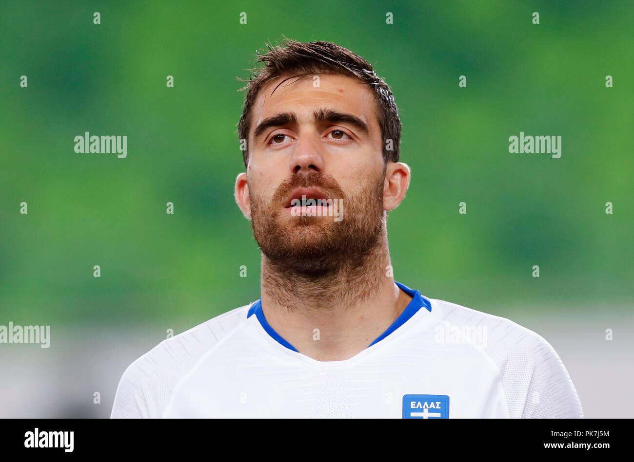 BUDAPEST, HUNGARY - SEPTEMBER 11: Sokratis Papastathopoulos of Greece sings the anthem prior to the UEFA Nations League group stage match between Hungary and Greece at Groupama Arena on September 11, 2018 in Budapest, Hungary. Credit: Laszlo Szirtesi/Alamy Live News Stock Photo