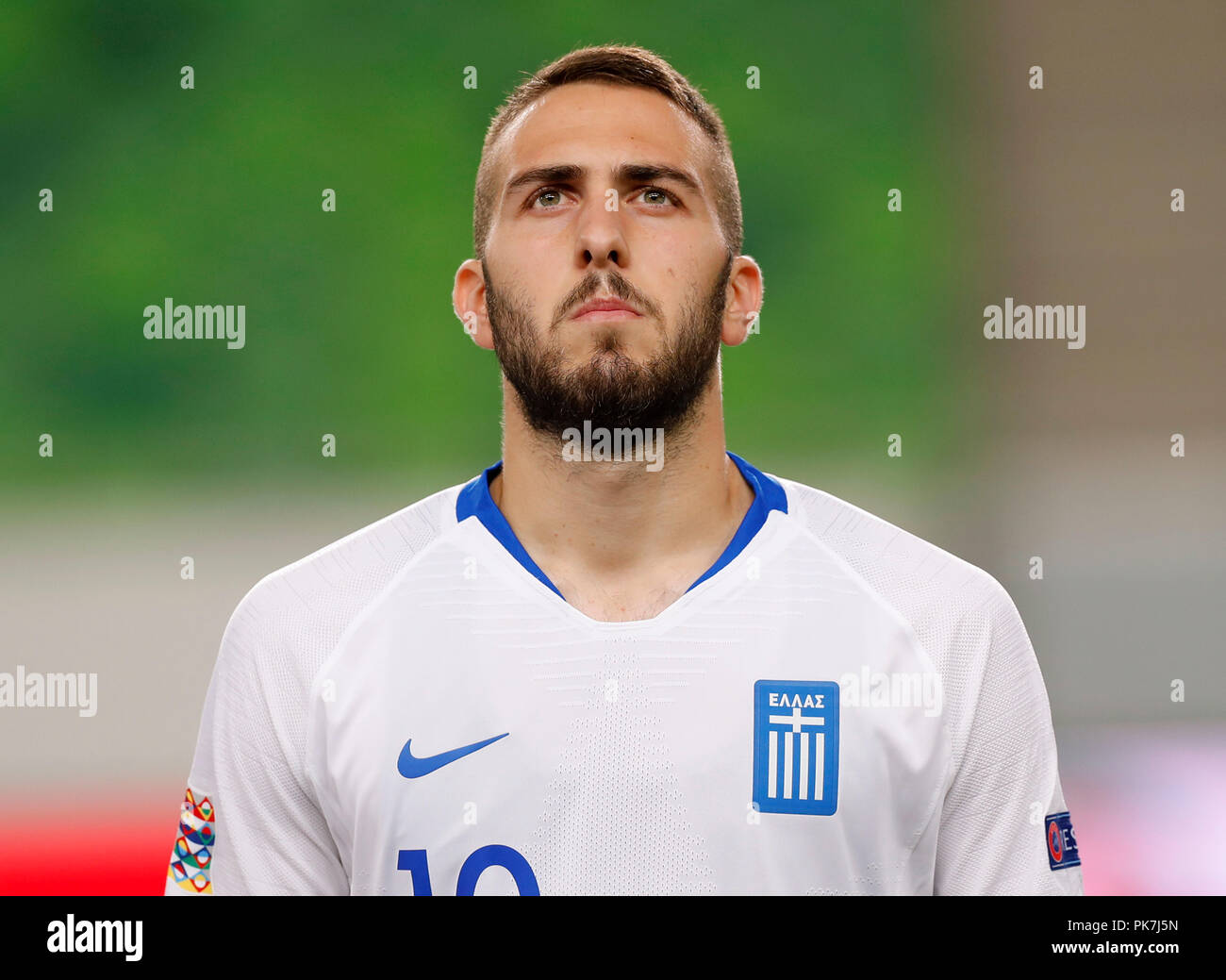 BUDAPEST, HUNGARY - SEPTEMBER 11: Kostas Fortounis of Greece sings the anthem prior to the UEFA Nations League group stage match between Hungary and Greece at Groupama Arena on September 11, 2018 in Budapest, Hungary. Credit: Laszlo Szirtesi/Alamy Live News Stock Photo