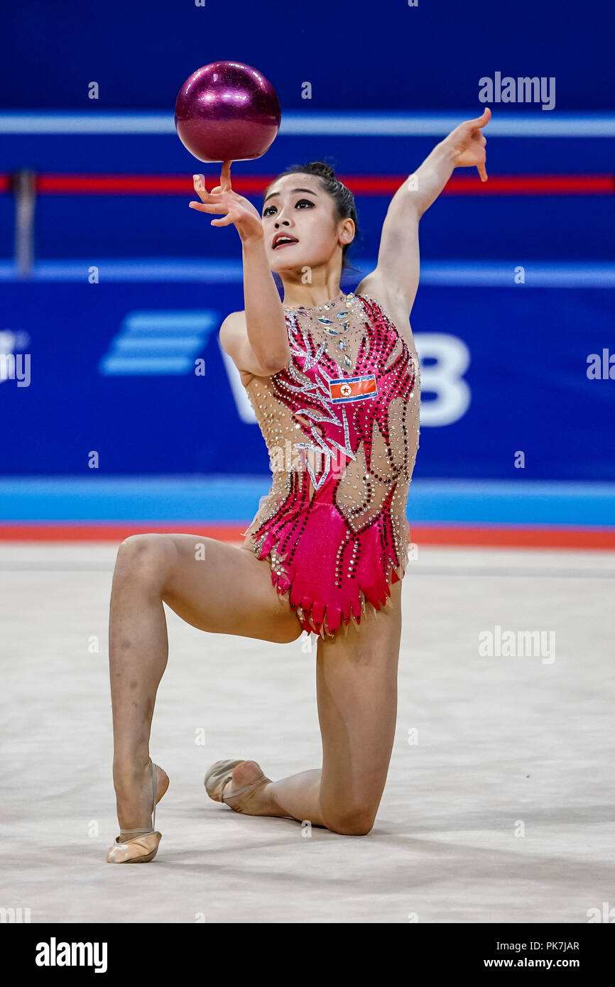 September 11, 2018: Jin A Pak of Â North Korea during Rhythmic Gymnastics World Championships at the Arena Armeec in Sofia at the 36th FIG Rhythmic Gymnastics World Championships. Ulrik Pedersen/CSM Stock Photo