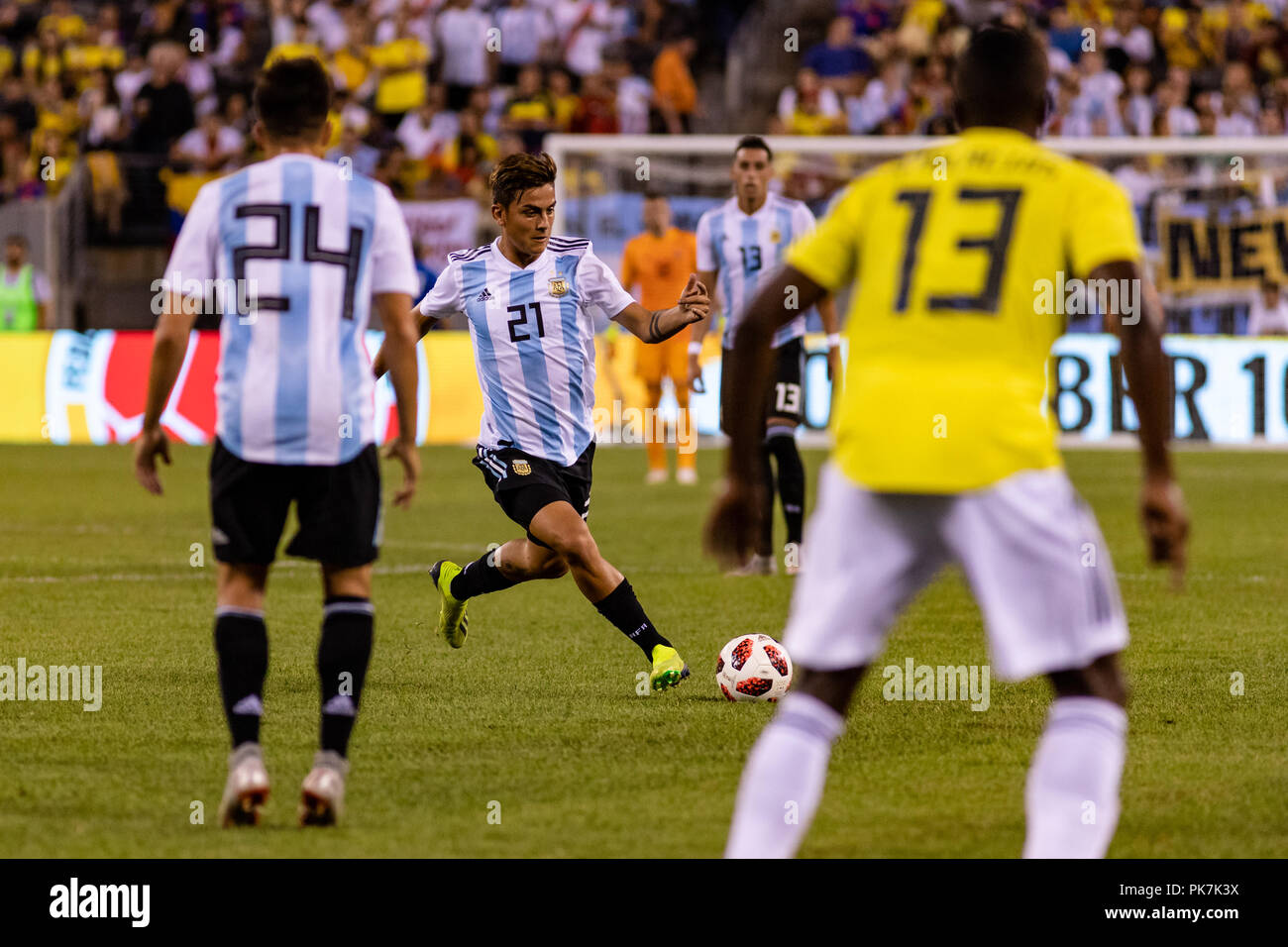 East Rutherford, NJ, USA. 11th Sept, 2018. Paulo Dybala (21) plays a long ball in the second half against Colombia at Metlife Stadium. © Ben Nichols/Alamy Live News. Stock Photo