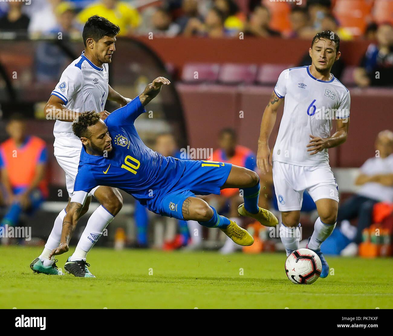 Washington DC, USA. 11th Sep, 2018. Brazil Forward #10 Neymar Jr continues to play the ball as he goes down to the turf during an International friendly soccer match between Brazil and El Salvador at Fedex Field in Washington DC. Justin Cooper/CSM/Alamy Live News Stock Photo