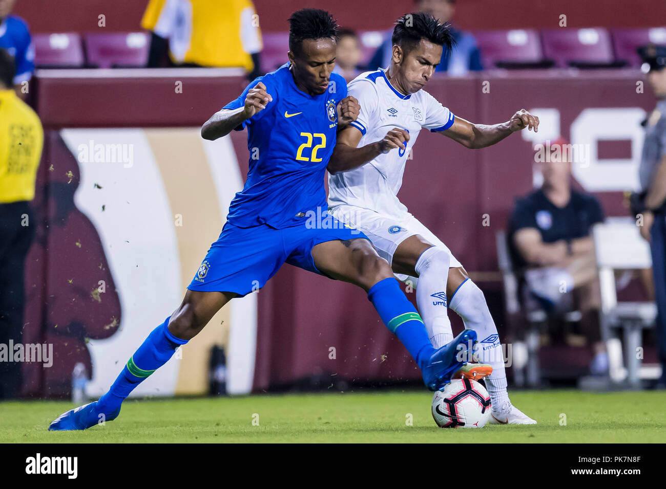 Landover, Maryland, USA. 11th Sep, 2018. El Salvador midfielder Denis Omar Pineda Torres (8) and Brazil defender Eder Militao (22) vie for the ball during the second half of an International Friendly match between Brazil and El Salvador at FedExField in Landover, Maryland. Scott Taetsch/CSM/Alamy Live News Stock Photo