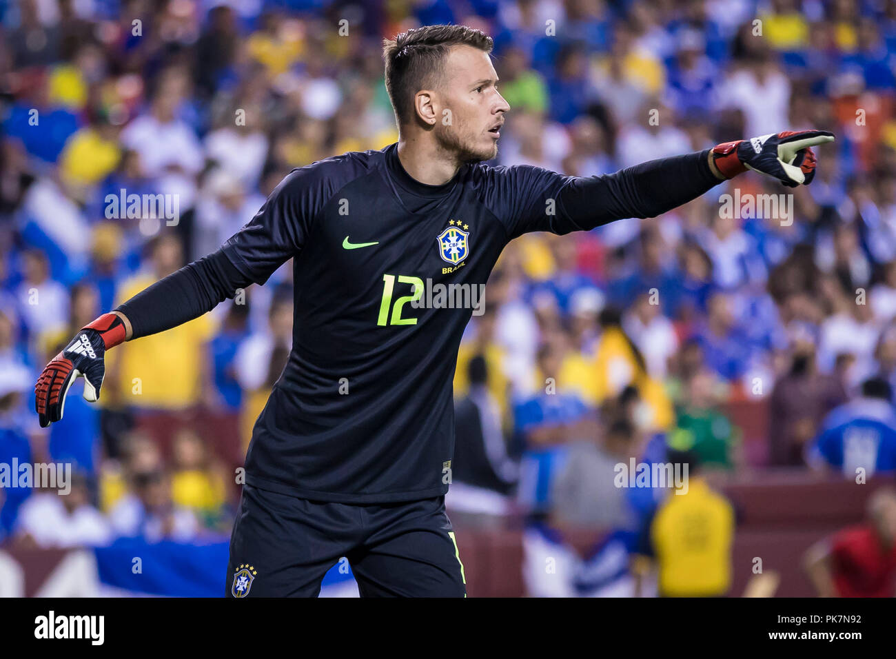 Landover, Maryland, USA. 11th Sep, 2018. Brazil goalkeeper Neto (12) reacts during the second half of an International Friendly match between Brazil and El Salvador at FedExField in Landover, Maryland. Scott Taetsch/CSM/Alamy Live News Stock Photo